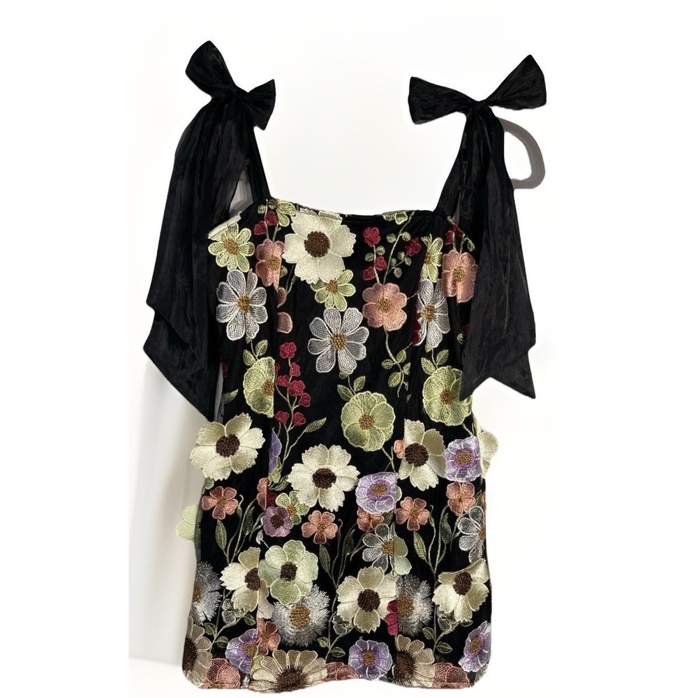Lulus Made With Love Black Dress 3D Color Floral Embroidered Tie-Strap Mini Sz-M - Picture 5 of 8